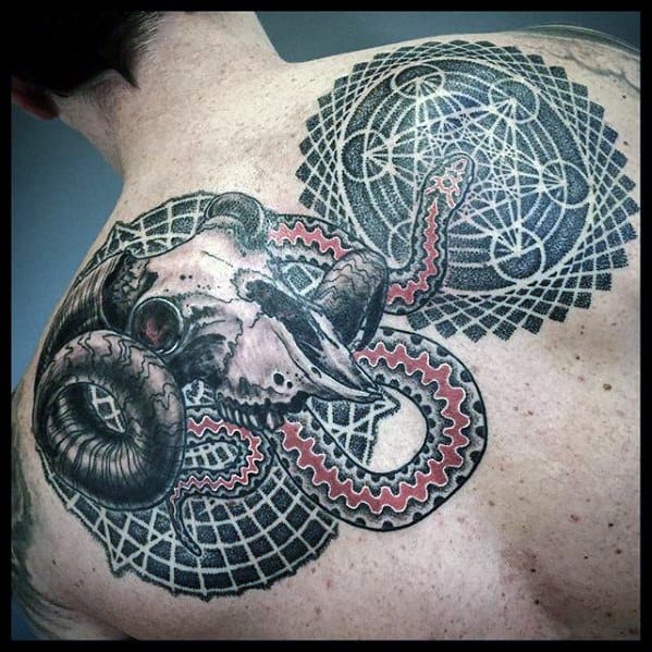 Upper back tattoo featuring Metatron’s Cube, a ram skull, and a red snake intertwined with geometric grids and dotwork mandala elements.