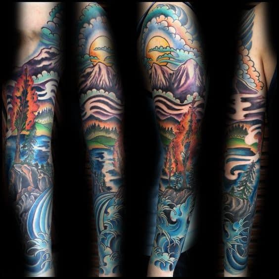 Colorful mountain and wave tattoo sleeve featuring scenic landscapes, swirling water, and vibrant sky elements for a bold, artistic look.