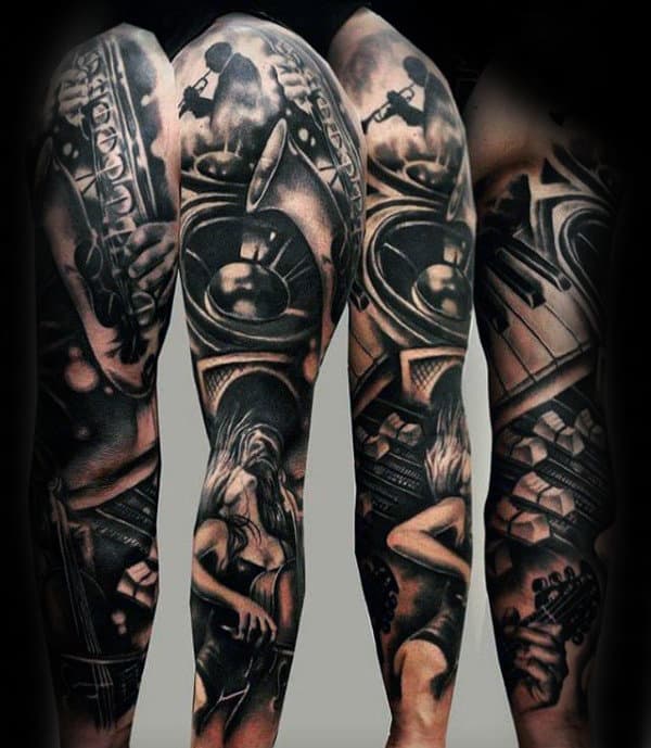 Amazing Mens Music Sleeve Tattoo With Piano Design