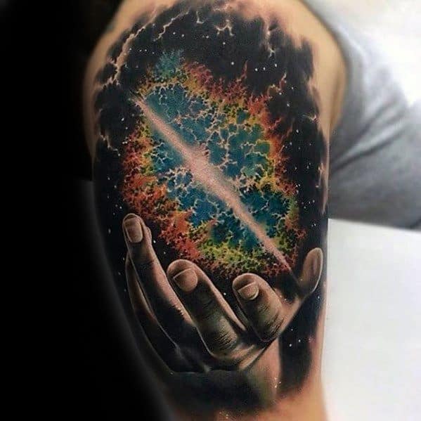 Amazing Mens Nebula Hand Consciousness Quarter Sleeve Tattoo Designs
