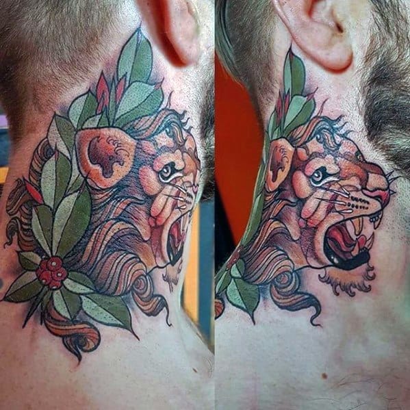 Neo-traditional lion neck tattoo for men with bold lines, vibrant colors, and leafy accents for a fierce, artistic look.
