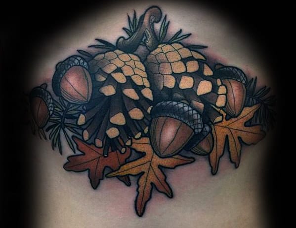 Amazing Mens Neo Traditional Pine Cone With Leaves Chest Tattoos