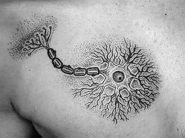 Black ink neuron tattoo on chest with intricate dendrites, axon segments, and detailed dotwork shading.
