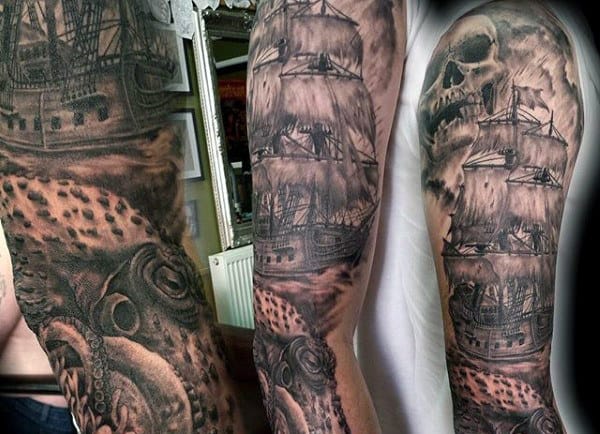 Amazing Men's Octopus Tattoos Sleeve With Ship