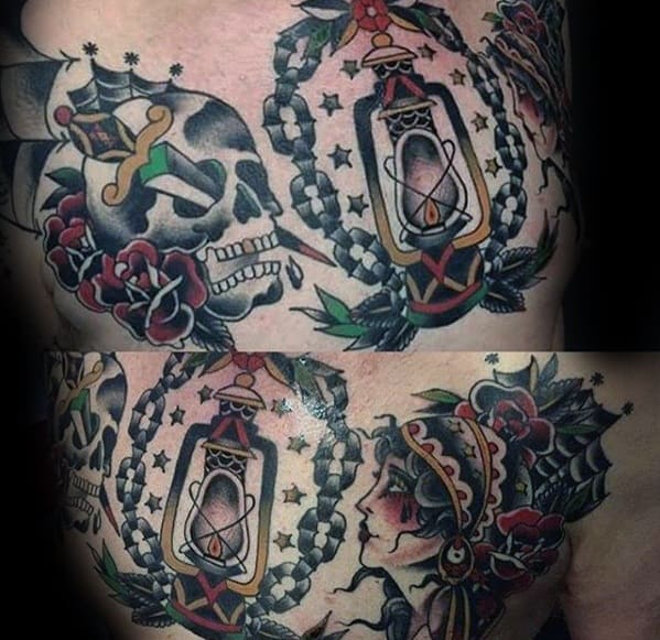 Amazing Mens Old School Traditional Chest Lantern Tattoo Designs