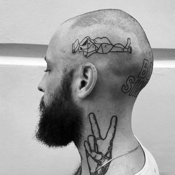 Side head tattoo of abstract Picasso-style lips and cigarette, drawn with sharp geometric lines and minimalist detailing.