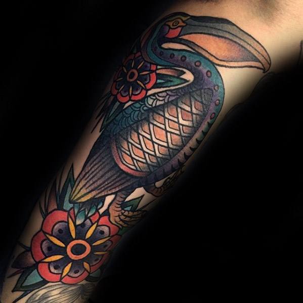 Amazing Mens Pelican Forearm Traditional Tattoo Designs