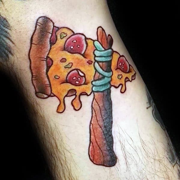 Amazing Mens Pizza Tomahawk Forearm Tattoo Designs
