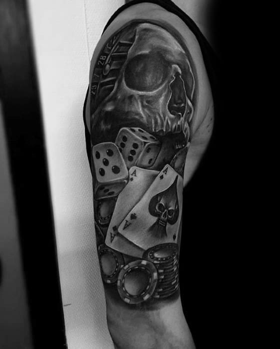 Amazing Mens Poker Chip Skull Half Sleeve Tattoo Designs