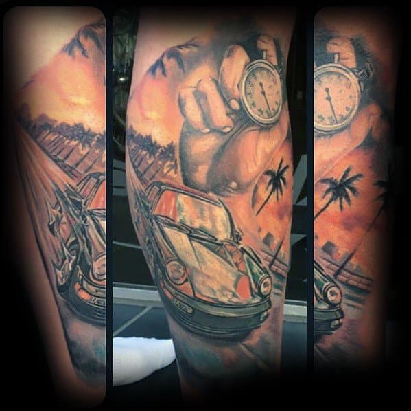 Detailed tattoo of a classic car and pocket watch with palm trees, perfect for men's nostalgic and timeless tattoo inspiration.
