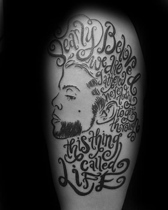 Prince portrait tattoo featuring the quote, "Dearly beloved, we are gathered here today to get through this thing called life"