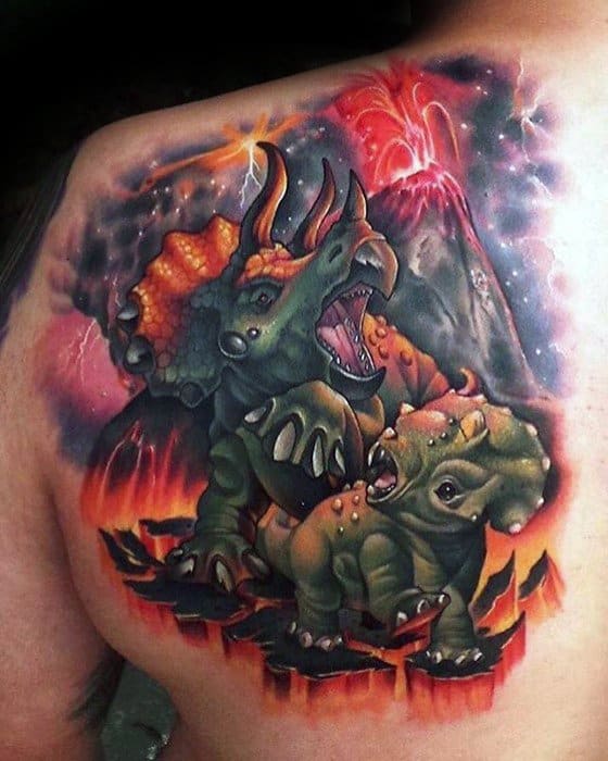 Amazing Mens Rad Dinosaur Volcano Shoulder Blade Tattoo Designs