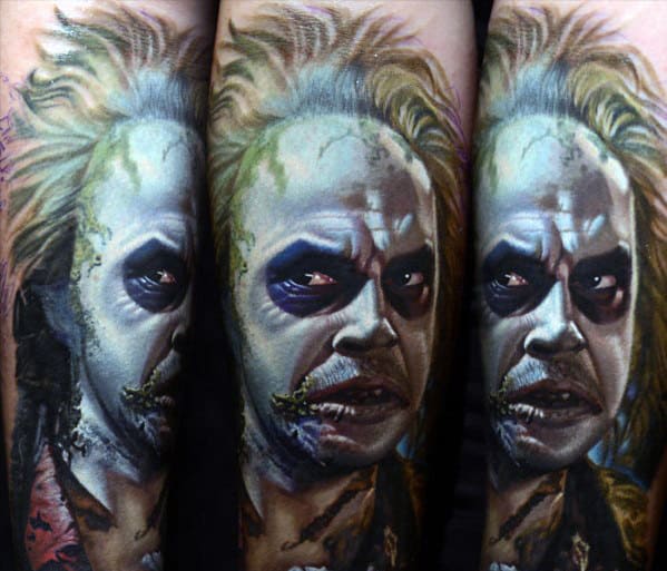 Amazing Mens Realistic Beetlejuice Inner Forearm Tattoos