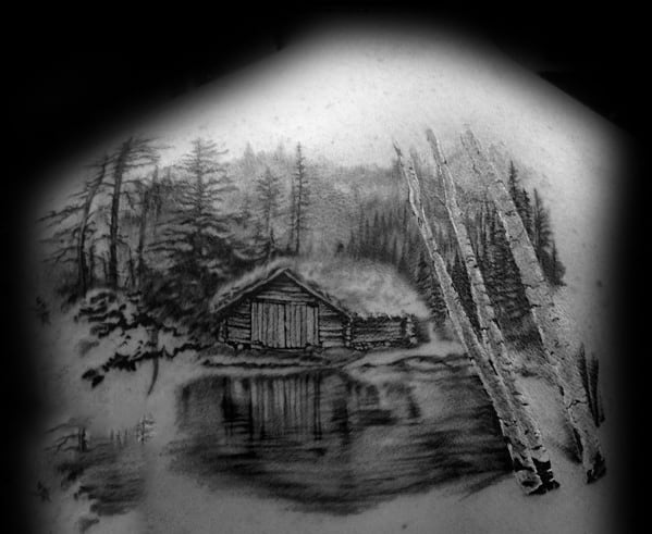 Amazing Mens Realistic Cabin In The Forest Back Tattoo