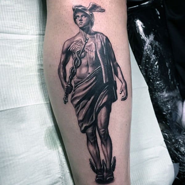Amazing Mens Realistic Hermes Tattoo On Leg