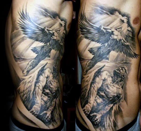 Amazing Mens Realistic Icarus Rib Cage Side Tattoos