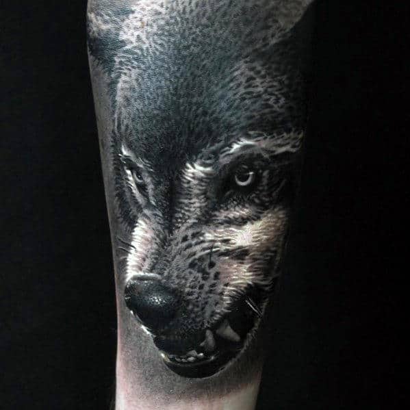 Amazing Mens Realistic Shaded Black And Grey Wolf Tattoo On Arm