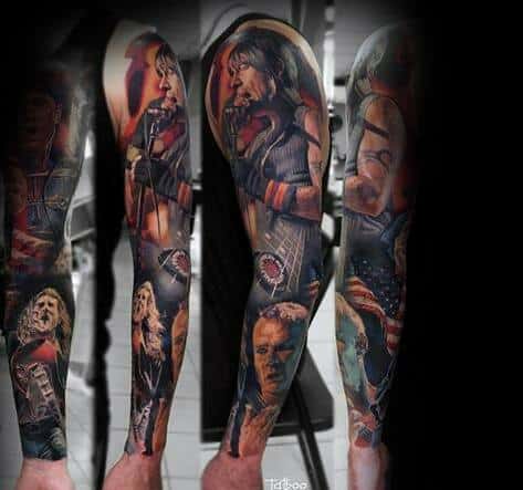 Full sleeve tattoo featuring realistic portraits of Red Hot Chili Peppers band members, vibrant colors, and detailed concert-inspired elements.