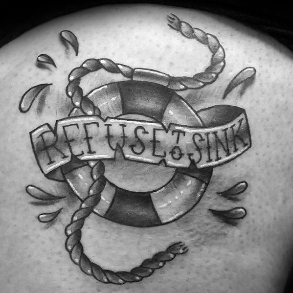 A tattoo of a lifebuoy and "Refuse To Sink" banner, with splashing water droplets