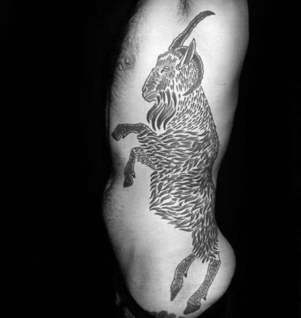 Amazing Mens Rib Cage Side Goat Tattoos With Black Ink Design