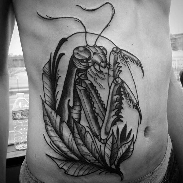 Amazing Mens Rib Cage Side Of Body Praying Mantis Tattoo Designs