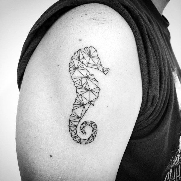 Geometric seahorse tattoo on upper arm, featuring fine black lines forming triangular shapes for a modern, minimalist look.