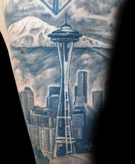 Amazing Mens Seattle Skyline White And Grey Ink Tattoos