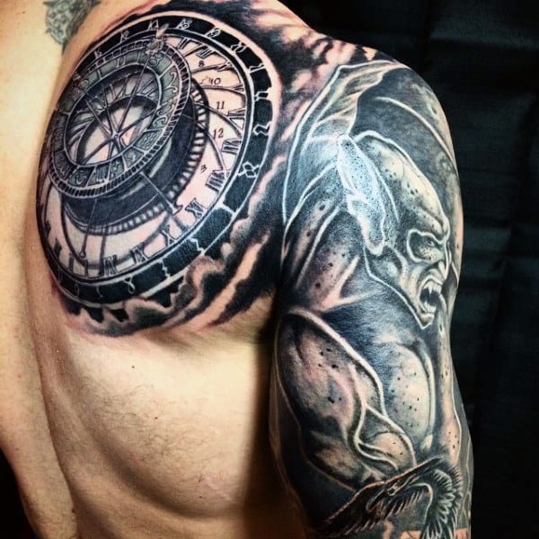 Amazing Mens Shaded Gargoyle Half Sleeve And Shoulder Tattoos
