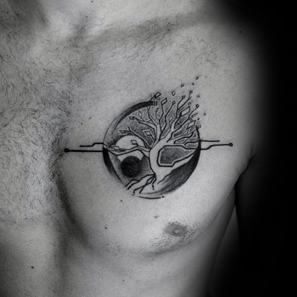 Amazing Mens Simple Circle Tree Upper Chest Tattoo Designs