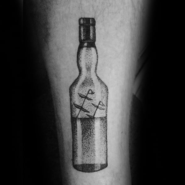 Amazing Mens Sinking Ship Inside Bottle Forearm Tattoo Designs