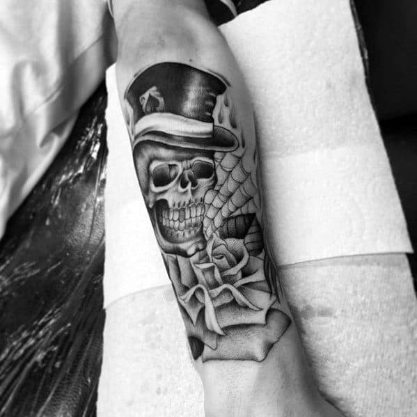 Amazing Mens Skull With Top Hat Tattoo Designs On Forearm