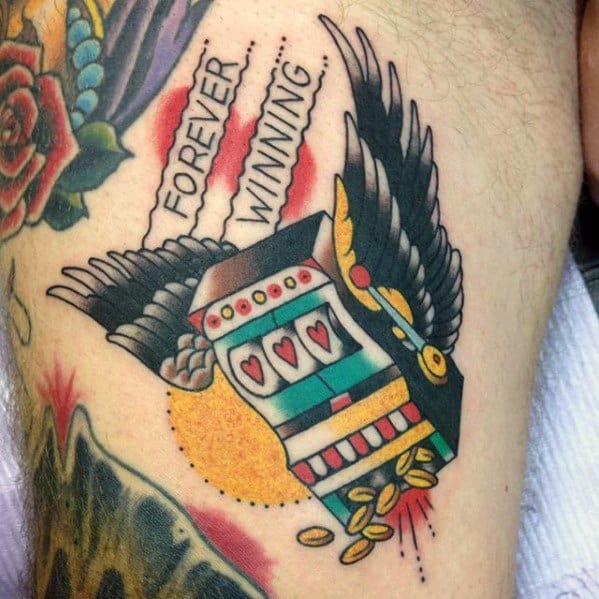 Amazing Mens Slot Machine With Wings Old School Traditional Thigh Tattoo Designs