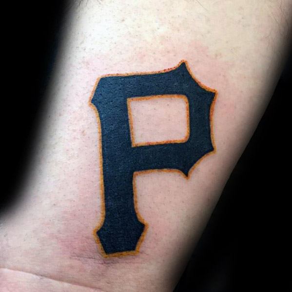 Bold black Pittsburgh Pirates "P" tattoo with orange outline, inked on the forearm with clean, sharp lines and solid fill.