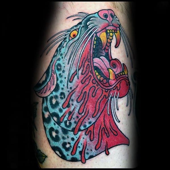 Snow leopard tattoo design showing a roaring big cat with half its face melting in a bold, surreal, and colorful style.