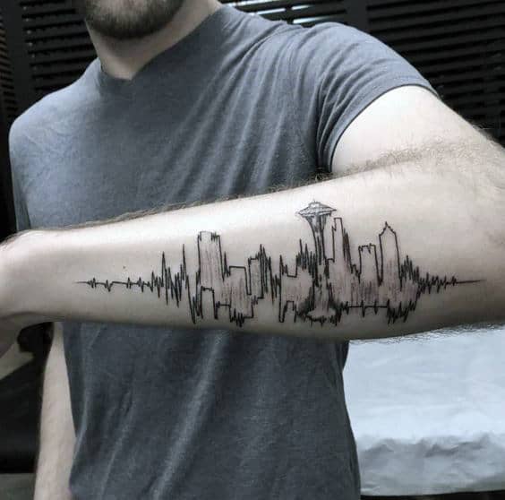 Amazing Mens Soundwave Seattle Skyline Outer Forearm Tattoo