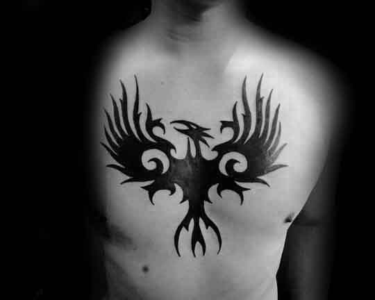 Amazing Mens Spiral Tribal Phoenix Black Ink Chest Tattoos