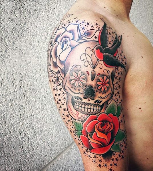 Amazing Mens Sugar Skull Tattoo Half Sleeve Sailor Jerry With Red Rose And Sparrow Bird