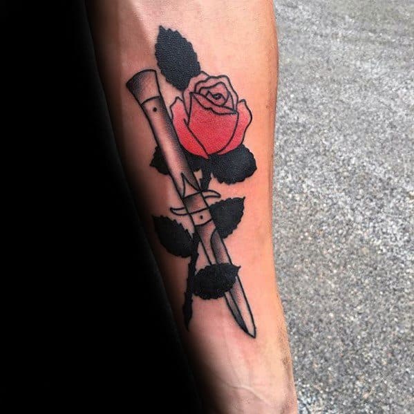 Amazing Mens Switchblade Rose Flower Inner Forearm Tattoo Designs