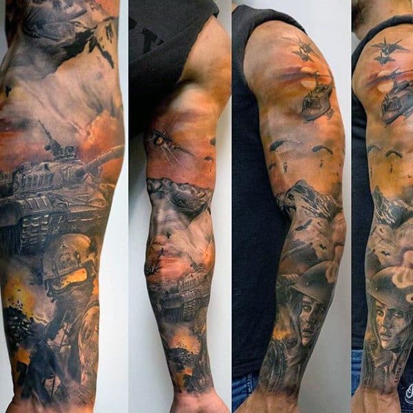 Full sleeve tattoo with dramatic war scene, featuring tanks, soldiers, parachutes, explosions, and a somber portrait of a soldier.