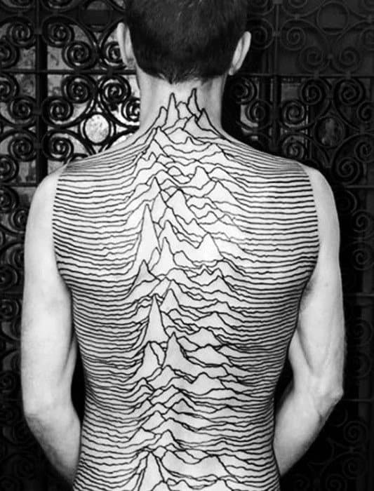 Amazing Mens Tattoo Of Black Music Sound Waves On Back