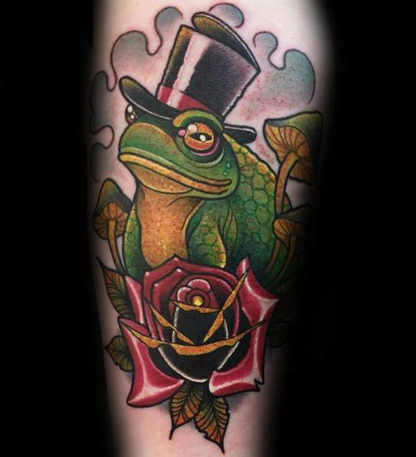 Amazing Mens Toad Wearing Top Hat With Rose Flower Leg Tattoo Designs