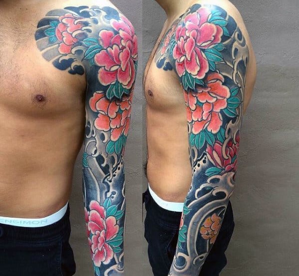 Amazing Mens Traditional Japanese Floral Flower Full Sleeve Tattoo Ideas