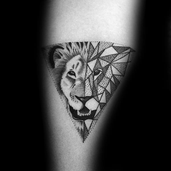 Amazing Mens Triangle Dotwork Geometric Lion Forearm Tattoo Designs