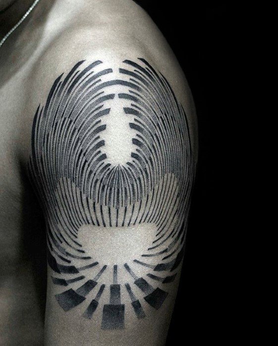 Geometric optical illusion tattoo on upper arm with curved black lines forming a dynamic, symmetrical abstract pattern.