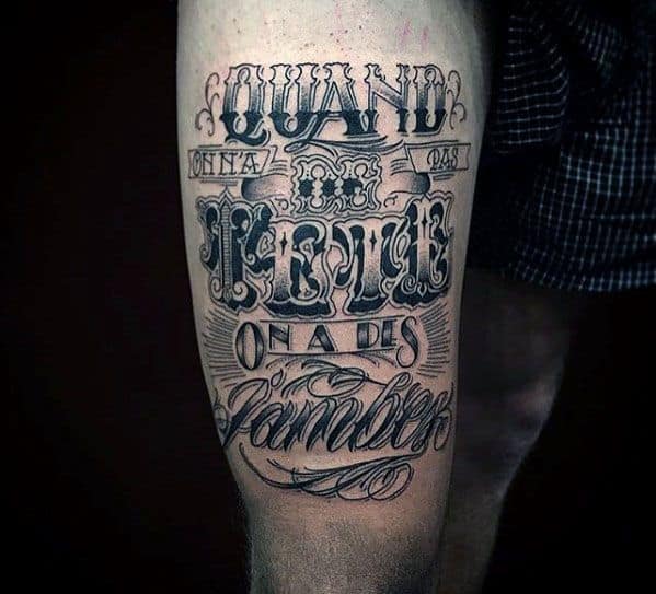 Amazing Mens Typography Tattoo Designs On Thigh