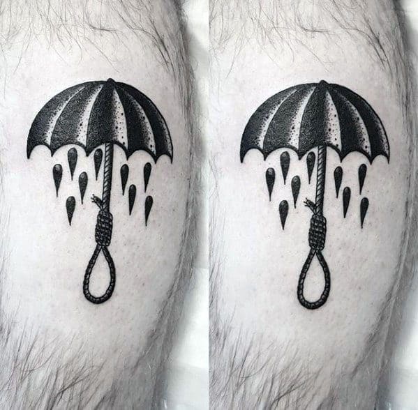 Amazing Mens Umbrella Noose Black Ink Leg Calf Tattoo Designs