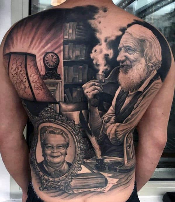 Amazing Mens Unbelievable Full Back Portrait Of Man Sitting At Desk Tattoo