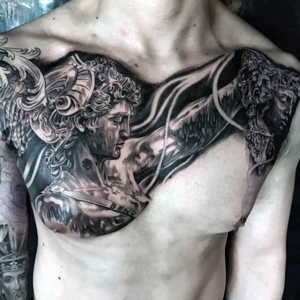 Amazing Mens Upper Chest Perseus Greek Mythology Tattoo Designs