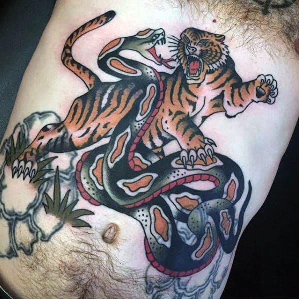 Amazing Mens Vintage Traditional Tiger And Snake Chest Tattoo Designs