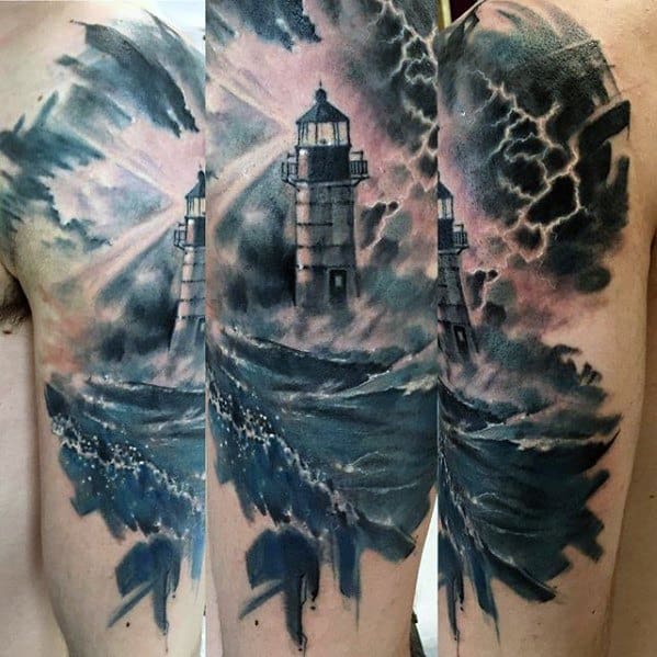 Amazing Mens Watercolor Lighthouse Thunderstorm Arm Tattoo Designs